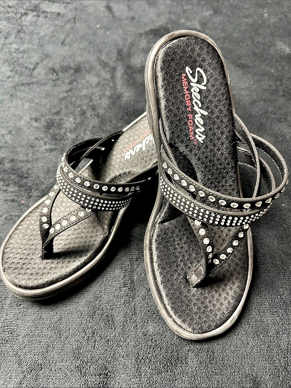 Skechers Studded Rhinestone Wedge Sandals in Black  7